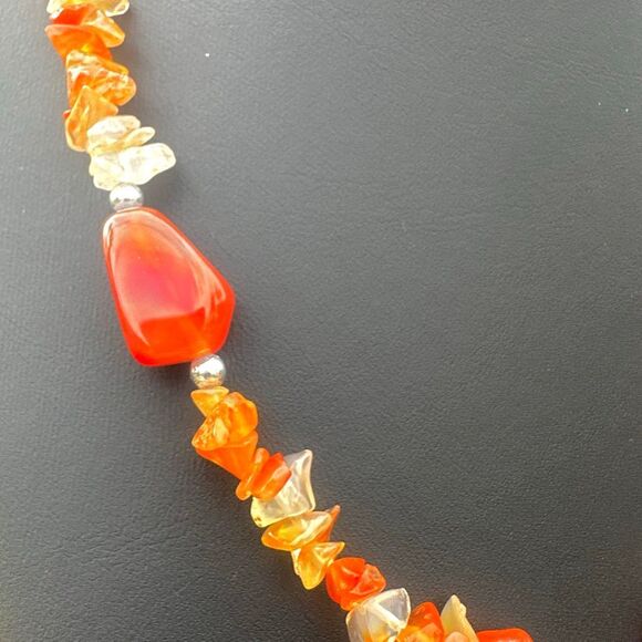 Carnelian & Agate Gemstone Chip Necklace with Banded Agate Donut Pendant - Picture 3 of 8